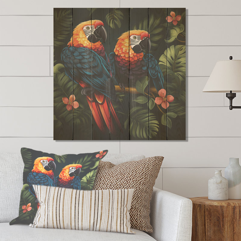 Perroquets tropicaux orange et verts - Perroquet sur bois, H 15 po x l 15 po
