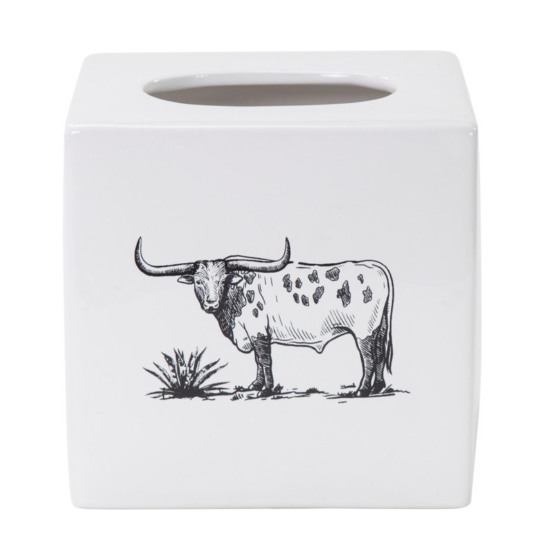 White and Black Ceramic Longhorn Tissue Box Cover