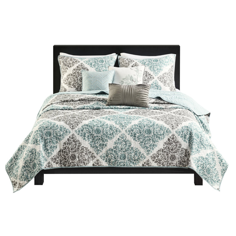 Ensemble de courtepointe réversible 6 pièces pour lit double / grand avec coussins plissés et ornés, Turquoise