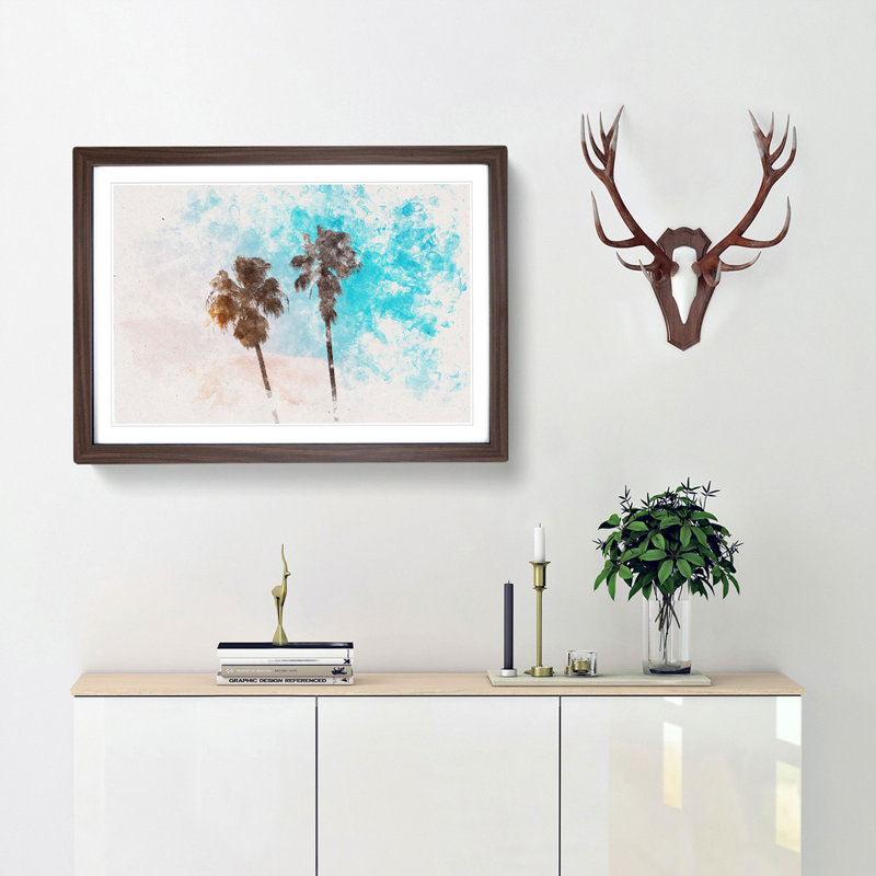 Los Angeles Palm Trees Watercolour - Picture Frame Graphic Art Print, 62cm H x 87cm W x 2cm D, Walnut Framed