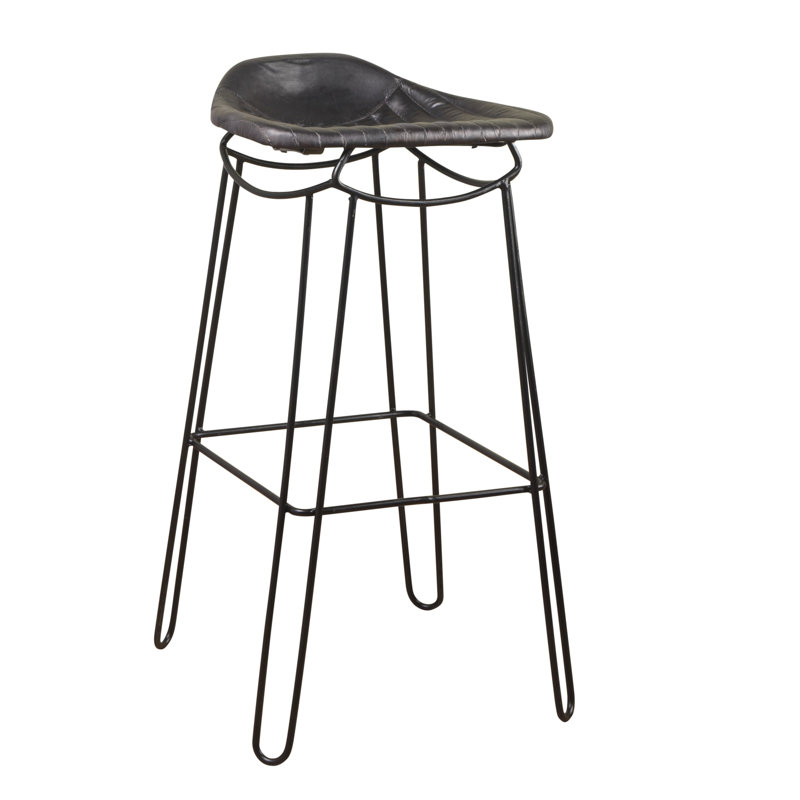 Splendora 76cm Bar Stool - Hand Stitched Leather Seat - Steel Metal Frame, Black, Black