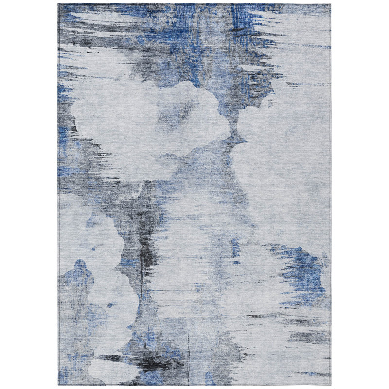 Tapis extérieur lavable abstrait bleu marine et ivoire 9 pi x 12 pi