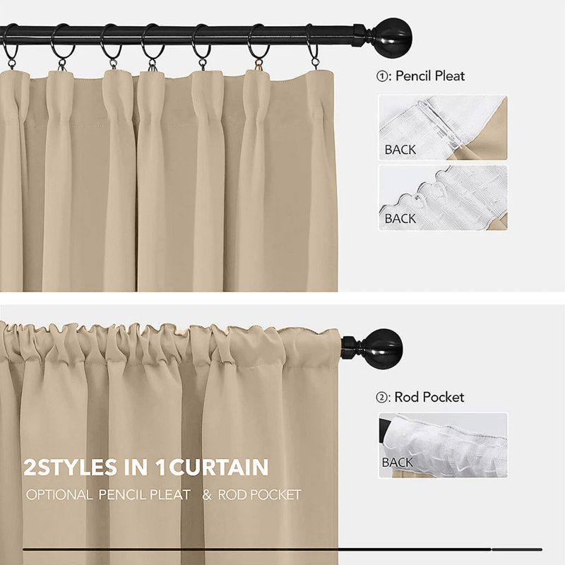 Blackout Pencil Pleat Curtains - Thermal Insulated, Light Blocking Window Drapes, 117cm Width x 137cm Drop, Cream