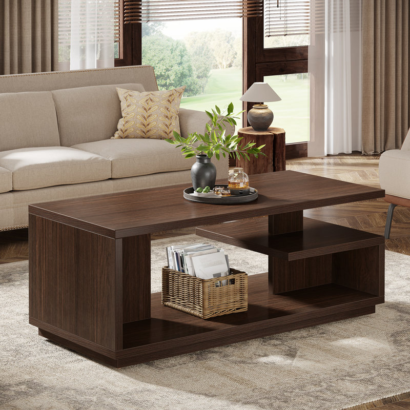 47.24" Mid-Century Modern Coffee Table with Storage Shelf, 3-Tier Rectangle Wooden Centre Table