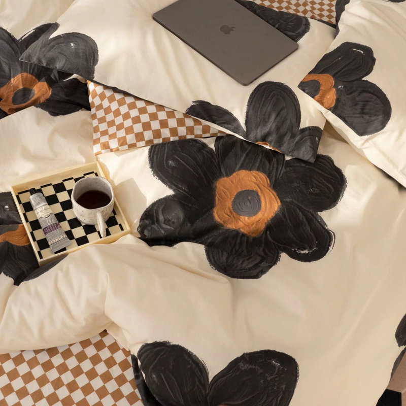 Floral Comforter Set Botanical Flower Bedding Set, Queen Comforter + 2 Standard Pillowcases, Black Flower
