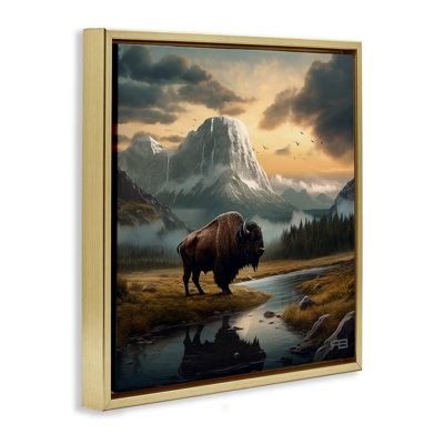 Bison & Vast Mountains Framed Floater Canvas Wall Art by Roozbeh Bahramali