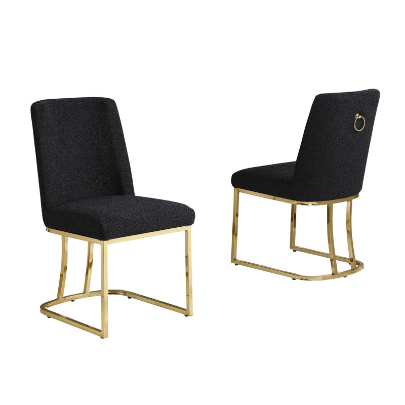 Minimal Side Chairs With Boucle Fabric Base, Black, Gold