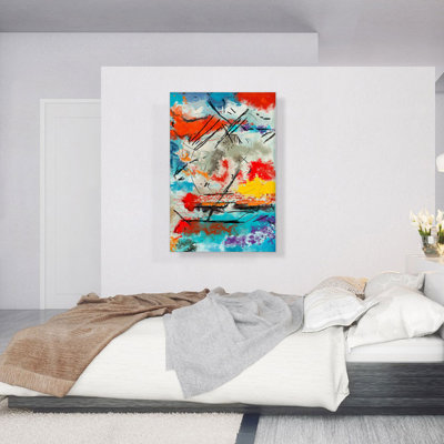 Abstrait bleu sarcelle orange jaune - reproduction d'art sur toile tendue