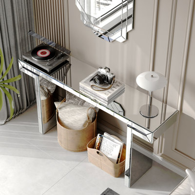 Console à miroir pleine grandeur de 60 pouces avec verre trempé cannelé, table de canapé d'entrée en miroir, style luxueux léger, résistant aux égratignures, emballage renforcé