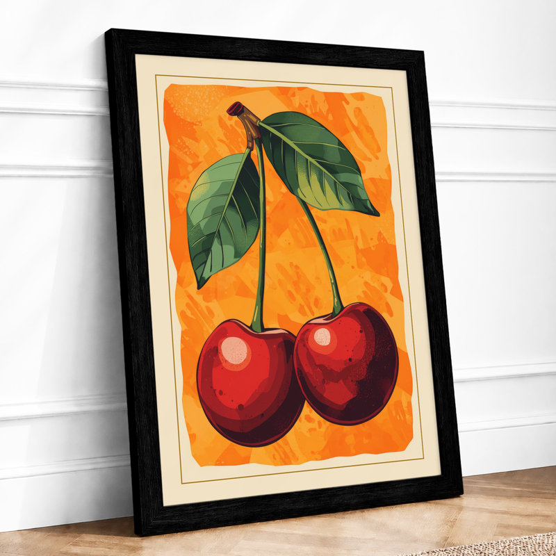 Cherries And Leaves Botanical - Print, A2 - 59.4 x 42.0 cm, Black