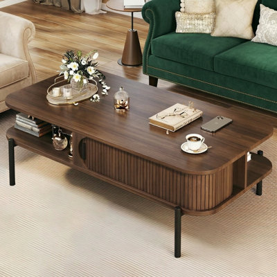 Table basse en noyer avec tablettes et armoire de rangement