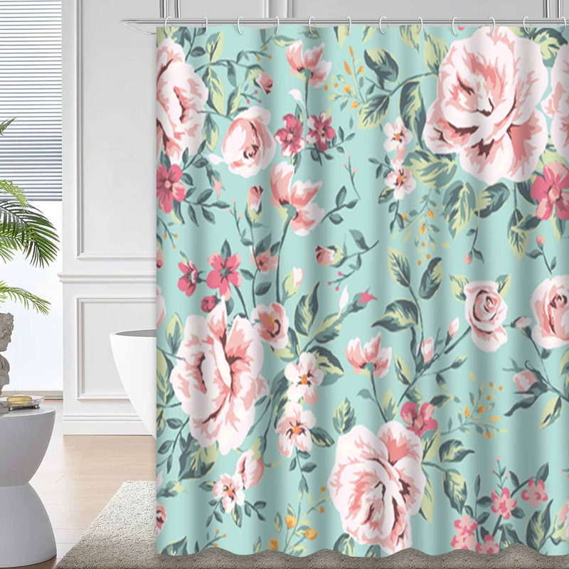 Rideau de douche imperméable à motif floral rose avec 12 crochets, L 72 po x l 78 po