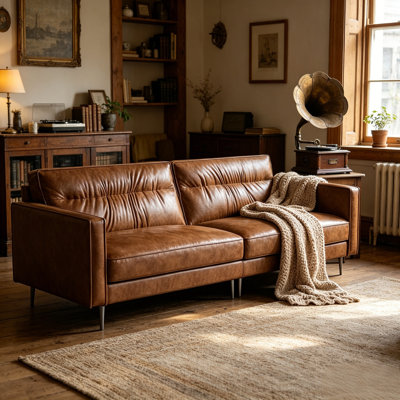 86.61" Oiled Leather Sectional Sofa, 3 Seater Recliner Sofa With Modern Design, Comfortable And Stylish Living Room Furniture