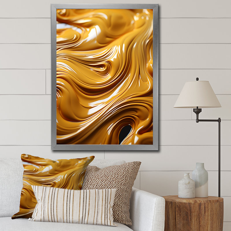Golden Wave Ocean of Abundance, or liquide sur toile, H 32 po x l 16 po x P 1 po, Cadre simple argenté