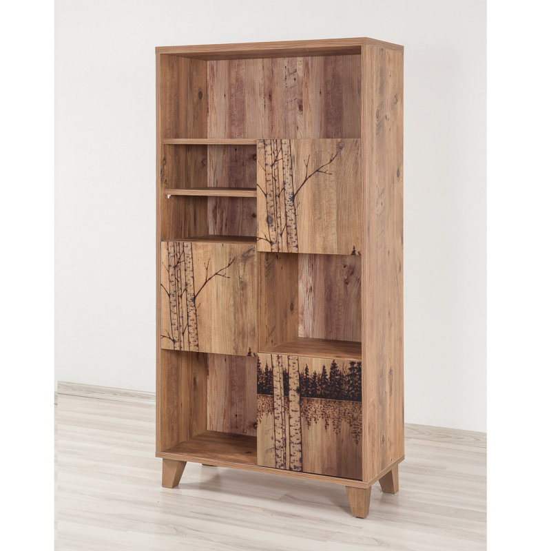 Bibliothèque Modern Atlantic Pine avec rayures abstraites, 31,5 x 59,8 x 14,2 pouces | 100% panneau de particules enduit de mélamine, revêtement UV, pieds en bois | Support mural, plusieurs tablettes, parfait pour les solutions de rangement élégantes