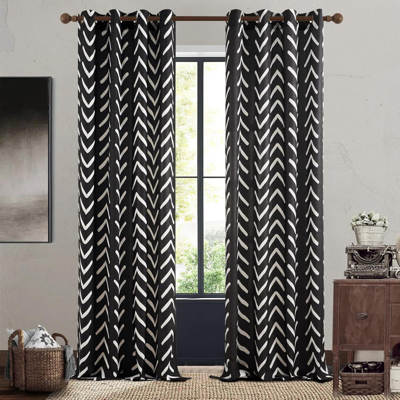 Black and White Pattern Linen Curtains,Room Darkening Herringbone Fabric Grommet Drapes,Set of 2, 52'' W x 72'' L
