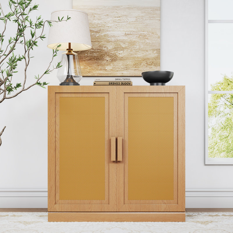 Armoire d'appoint en bois massif avec portes en rotin Caleb, Chêne, H 31 po x l 31 po x P 16 po