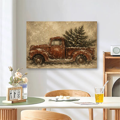 Vintage Red Old Truck With Snowy Christmas Tree In Winter Snow Scene, Rustic Holiday Canvas Wall Art For Farmhouse Home Decor