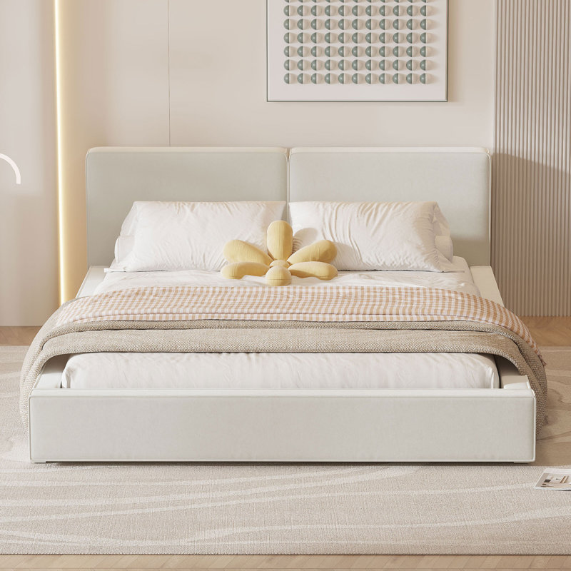 Grand lit plateforme tapissier en velours avec structure solide, beige, mobilier de chambre confortable et élégant, Beige