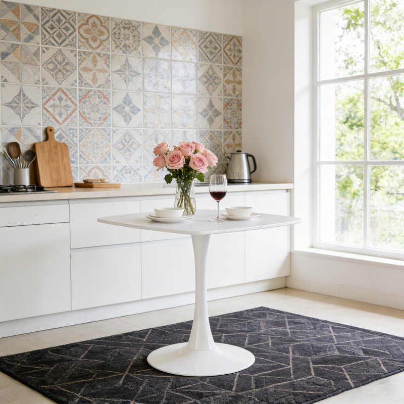 Square Dining Table with Metal Pedestal, White, 28.93" H x 23.62" L x 23.62" W, White