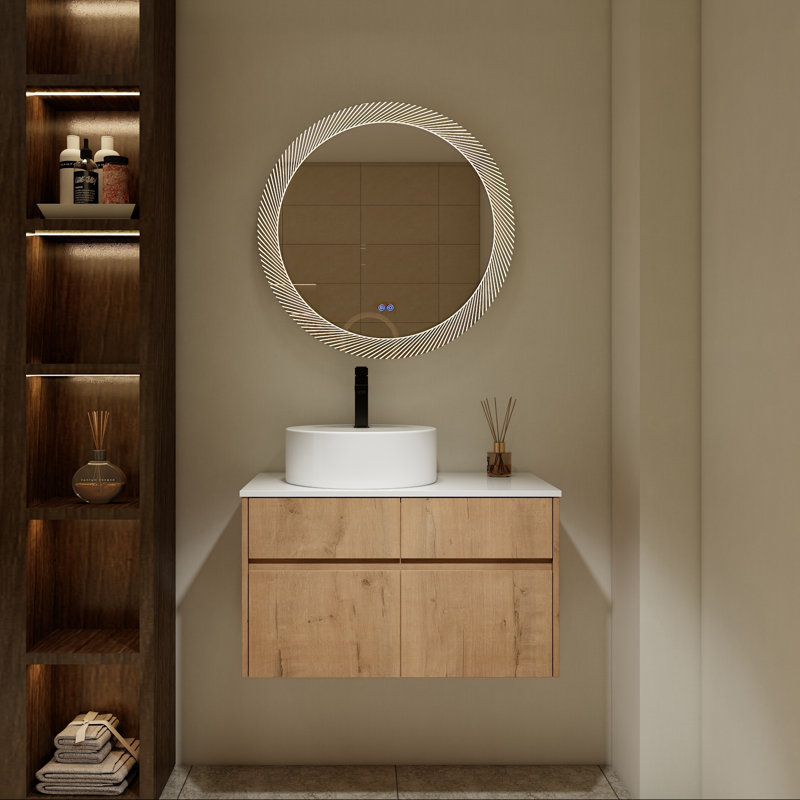 Meuble-lavabo mural 32 po avec lavabo en céramique et portes à fermeture en douceur, Noyer fumé