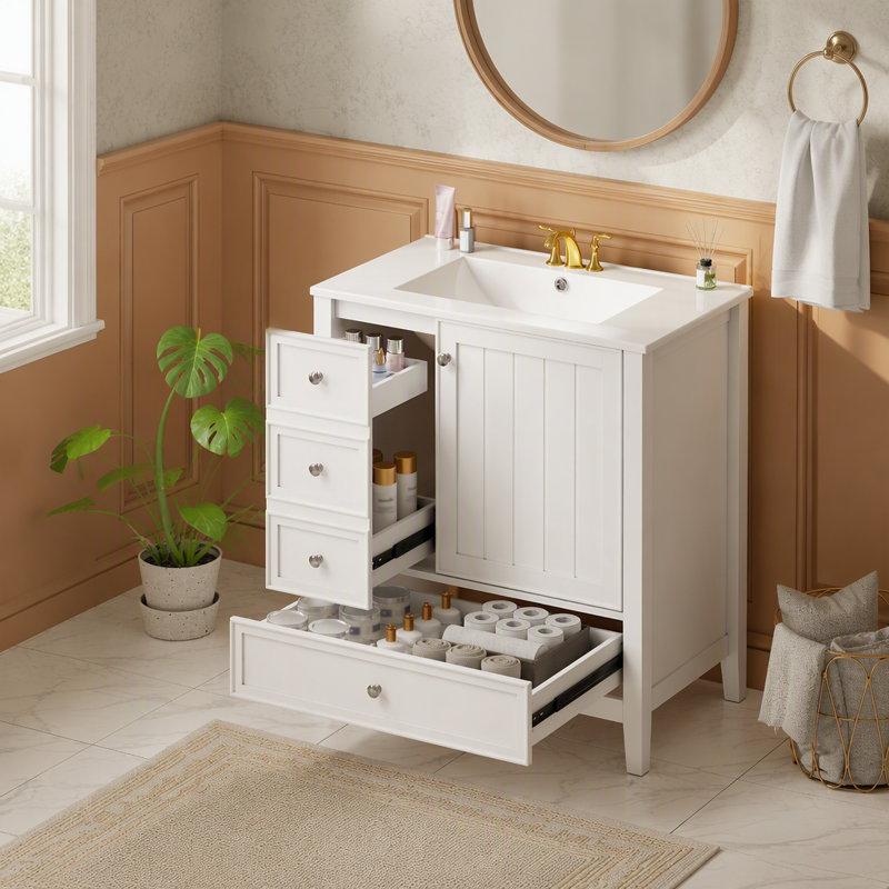 Meuble-lavabo 30 po avec lavabo, 1 armoire et 3 tiroirs, panneau de bois massif et panneau de fibres à densité moyenne, blanc