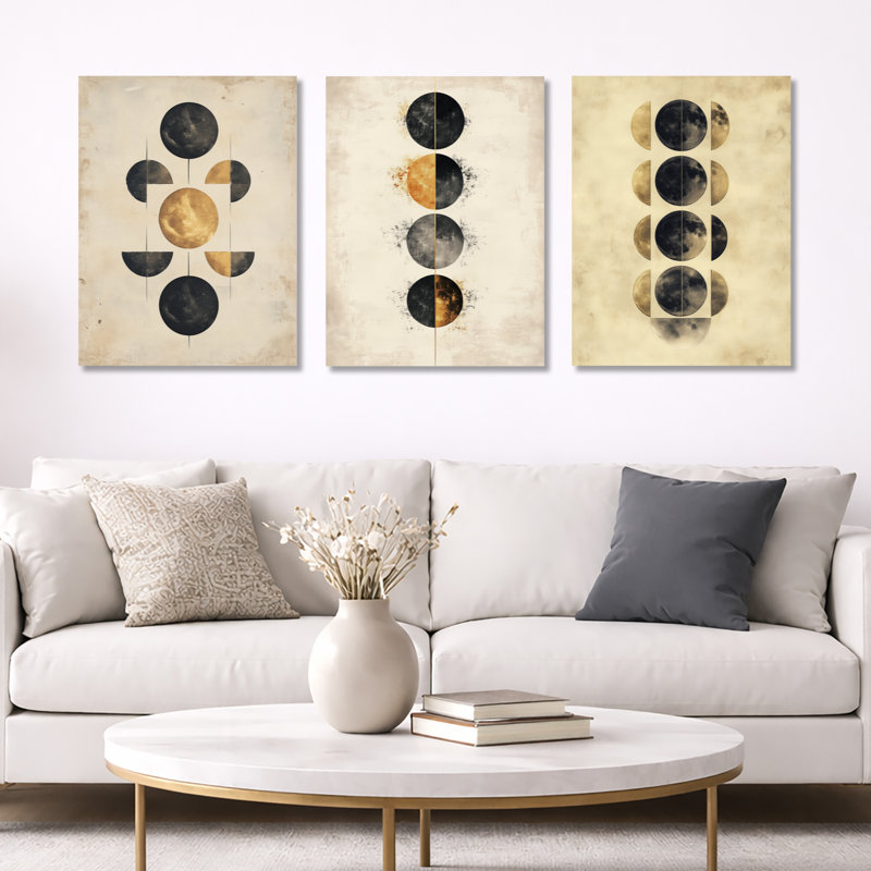 «Lunar Phases Abstract - Moon», ensemble de 3 reproductions d'art sur toile, Toile tendue, H 32 po x l 72 po