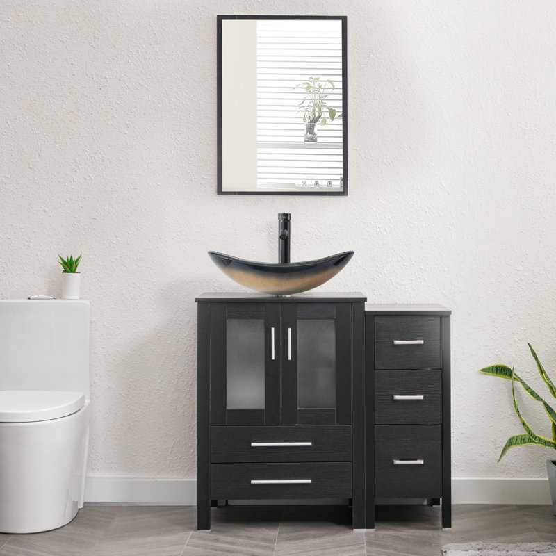 Breahnna 36'' Free Standing Single Bathroom Vanity with Manufactured Wood Top, Vessel Sink, Faucet, Drain, Black, Silver