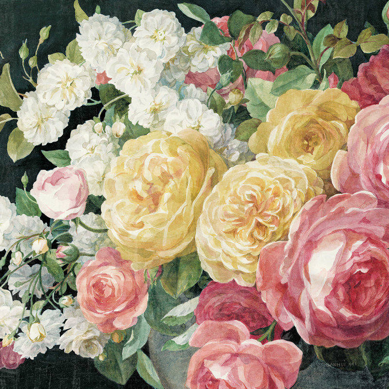 Roses antiques sur fond noir, H 20 po x l 20 po