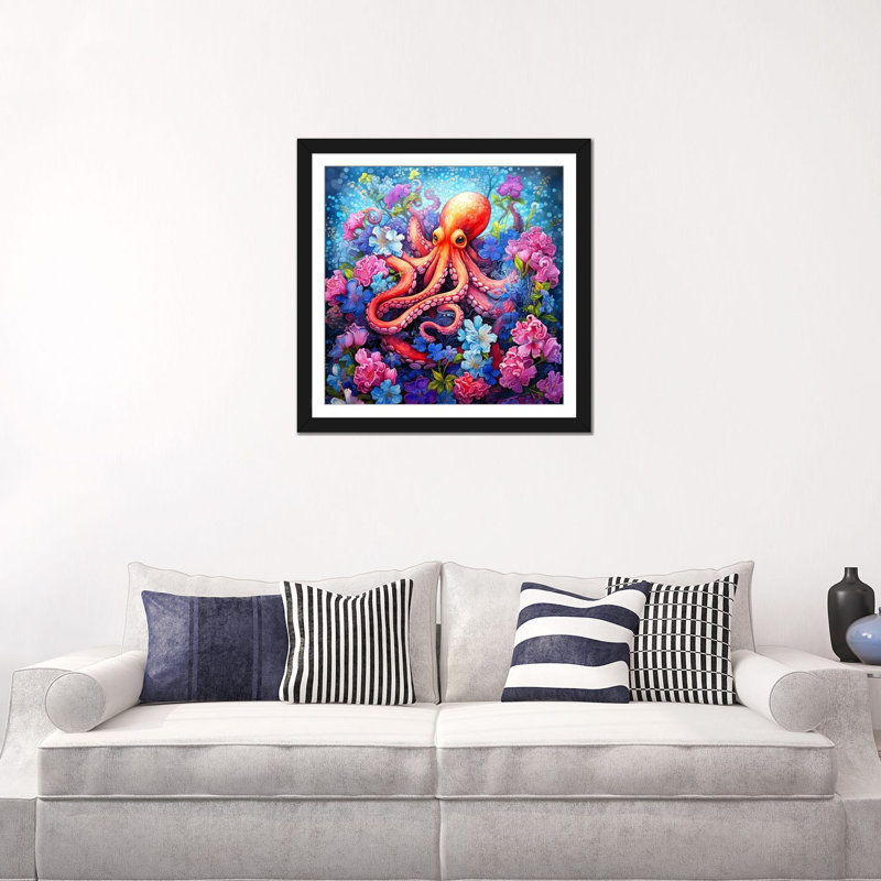 Octopus Garden, Papier noir avec cadre d'angle ouvert, H 24 po x l 24 po x P 1 po