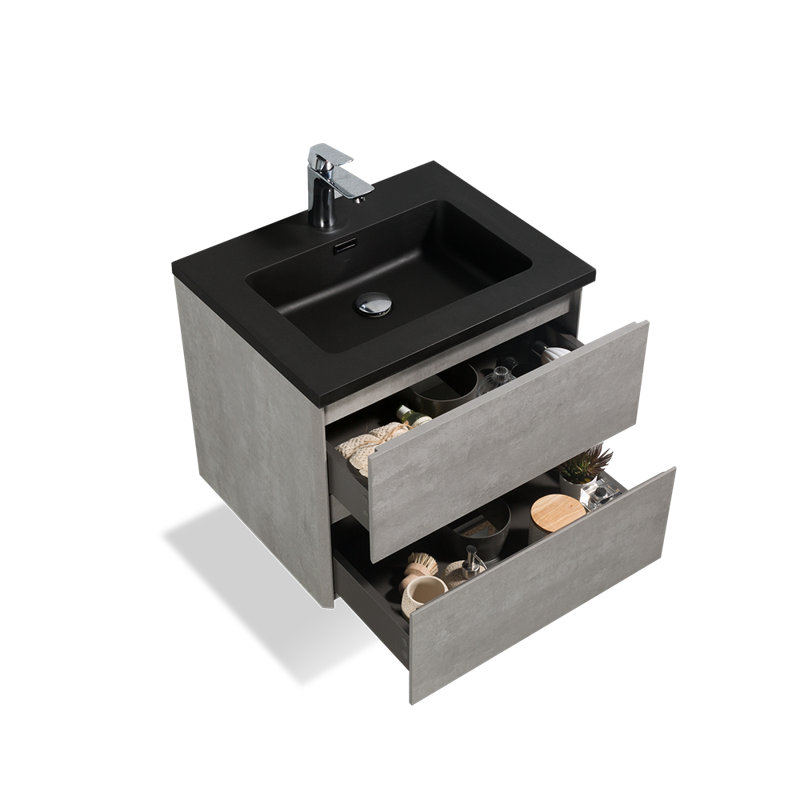 24" Fully Assembled Single Floating Vanity Wall-Mounted Bathroom Vanity with Integrated Quartz Sink, 2 Drawers, Black