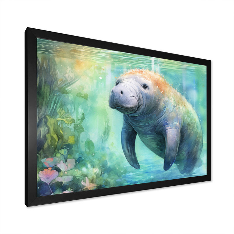 Gentle Manatee II - Animals Canvas Print, 24" H x 32" W x 1" D, Black Single Picture Framed