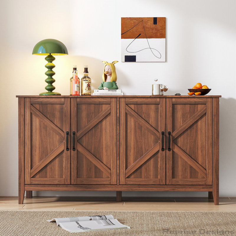 Wood Storage Cabinet Sideboard,Buffet table with 4 Doors and 4 open Shelves, Walnut