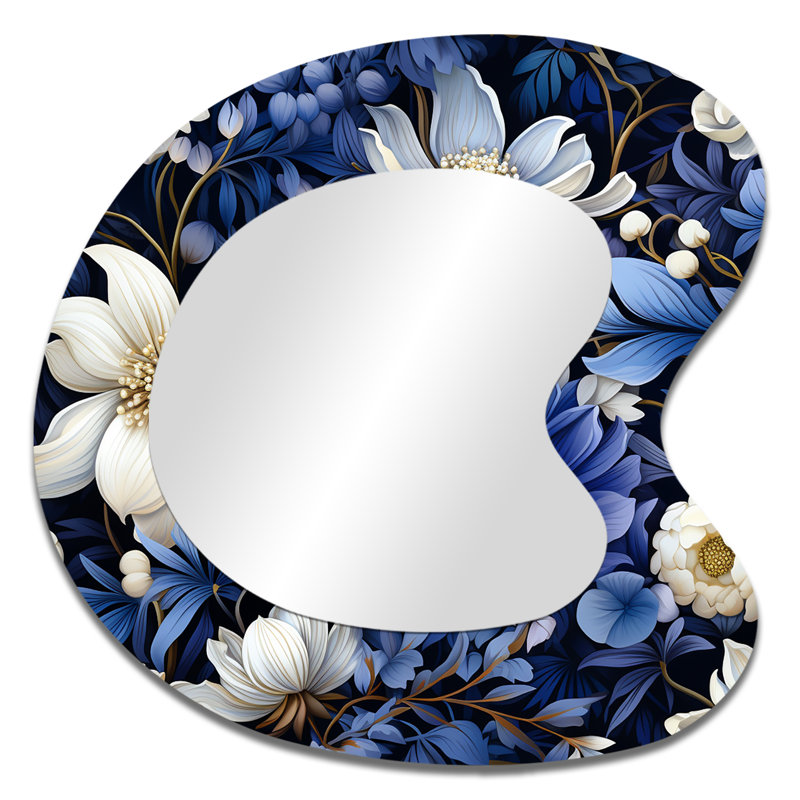 Fout indigo profond fleurs au clair de lune - grand miroir asymétrique botanique, miroir mural décoratif de forme irrégulière Boho, impression d'art en métal