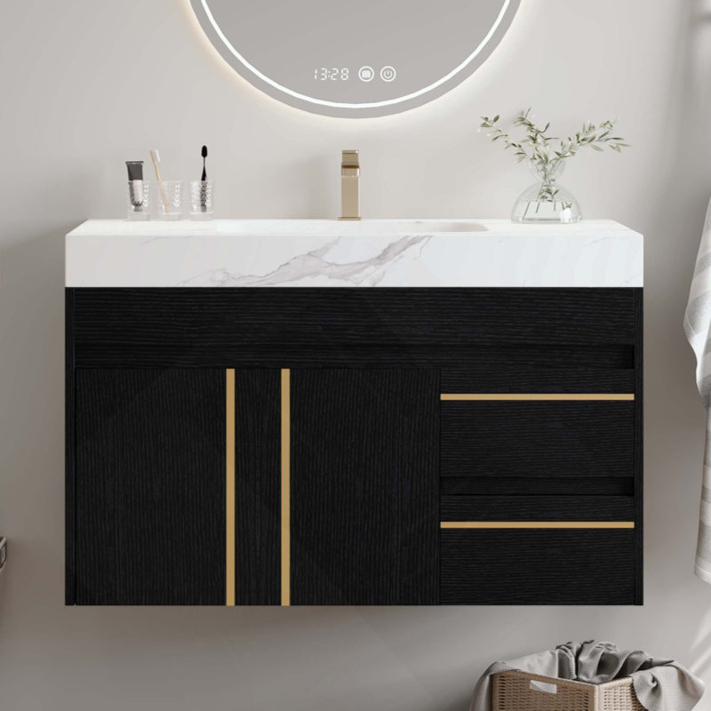 Meuble-lavabo flottant avec lavabo en céramique et plateau en faux marbre