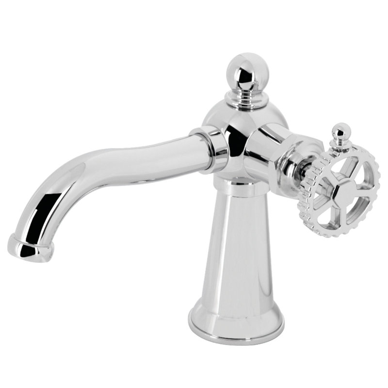 Kingston Brass Fuller Single-Handle 1-Hole Deck Mount Bathroom Faucet with Push Pop-Up, Matte Black, Wheel