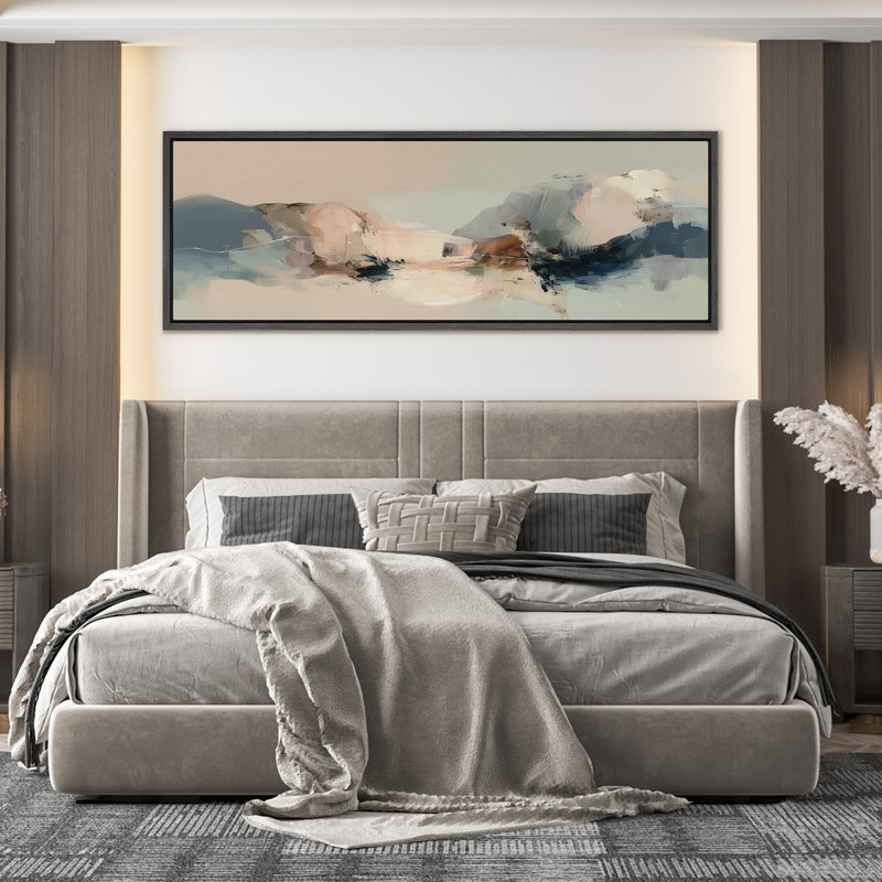 Doux nuages abstraits dans des tons de rosé et bleus neutres - grand art mural sur toile encadrée, Noir
