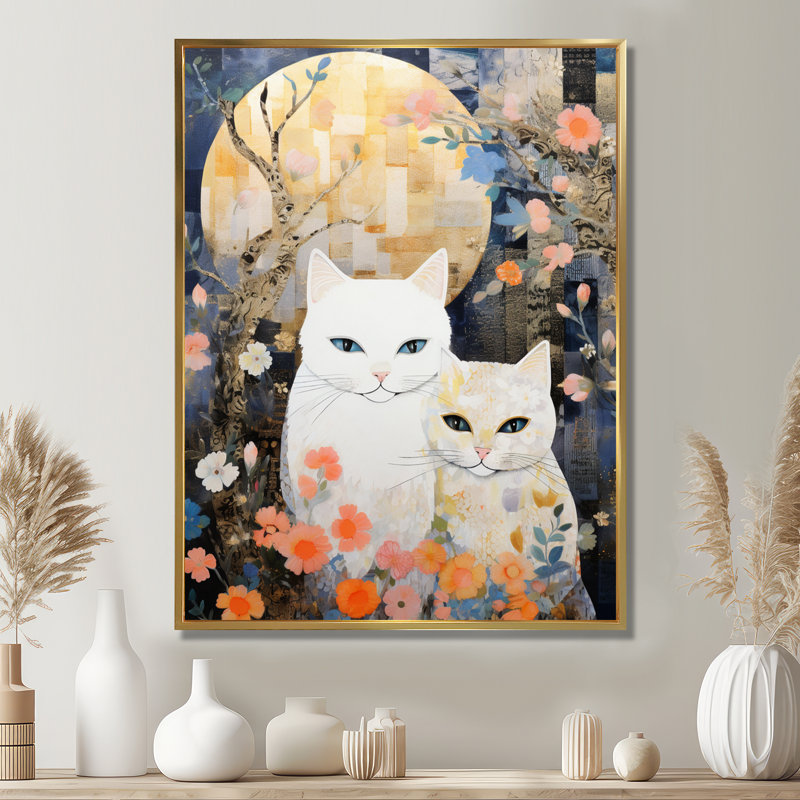 Adorable art mural «Chats blancs» à la pleine lune, Toile avec cadre doré, H 32 po x l 24 po x P 1 po