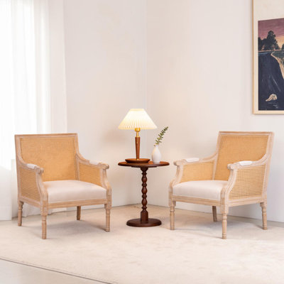 Fauteuil d'appoint Amando French Country, fauteuil rembourré beige avec rotin rétro - Fauteuil de lecture confortable pour le salon, la chambre à coucher et la maison de campagne