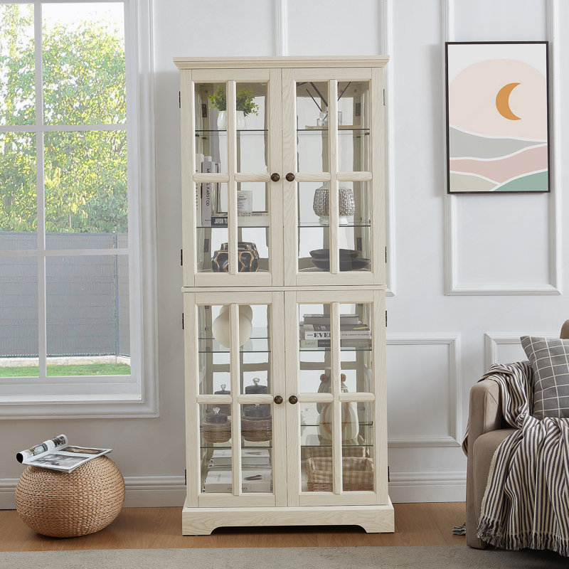 Bibliothèque, vitrine avec tablettes réglables et portes en verre pour la maison ou le bureau, Blanc