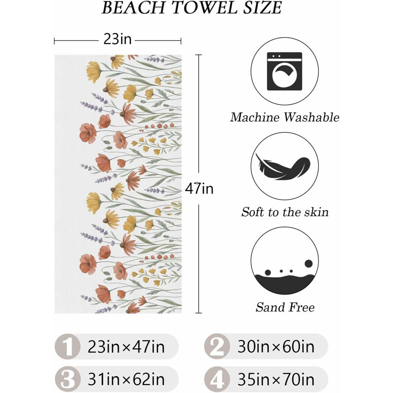 Beach Towel, Watercolor Daisies Lavender Microfiber Oversized Lightweight Beach Blanket, Country Floral Art Quick Dry Absorbent Towels for Swimming Pool Bath Gym 35*70inch