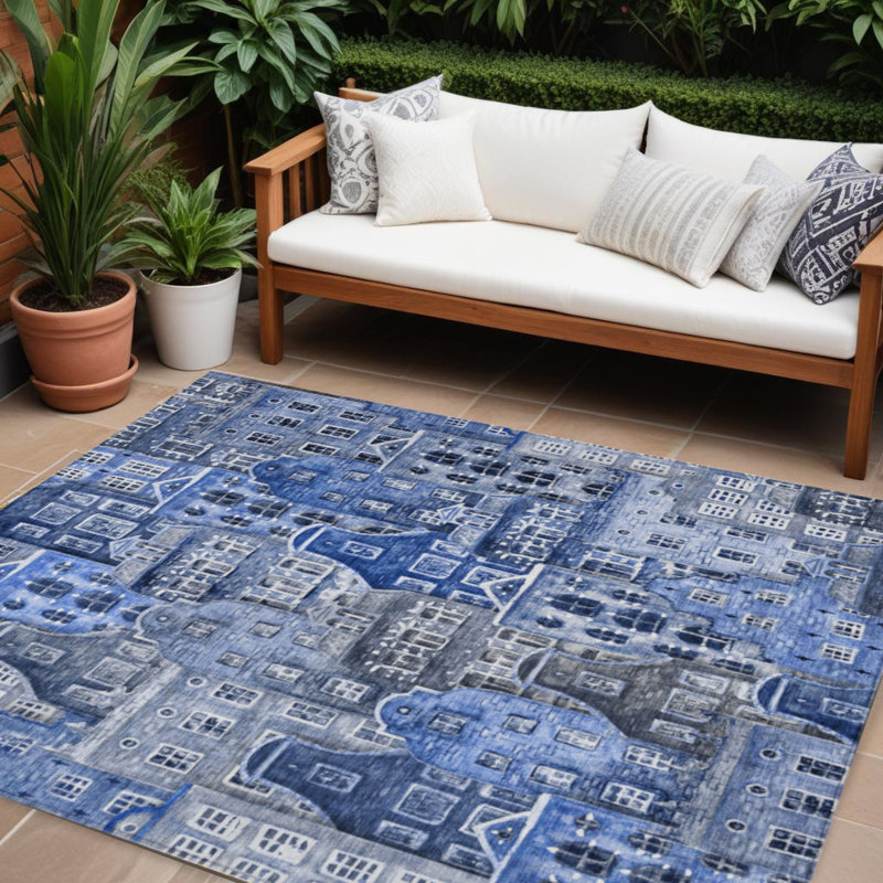 Tapis extérieur lavable 8 pi x 10 pi bleu marine et bleu ciel
