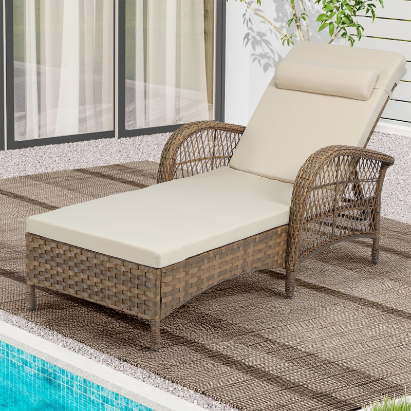 Outdoor Wicker Chaise Lounge Chair, All-weather Pe Rattan Cushioned Patio Lounger Chair, 6-position Adjustable Pool Sunbathing Recliner With Armrest & Pillow For Poolside Deck Yard, Beige
