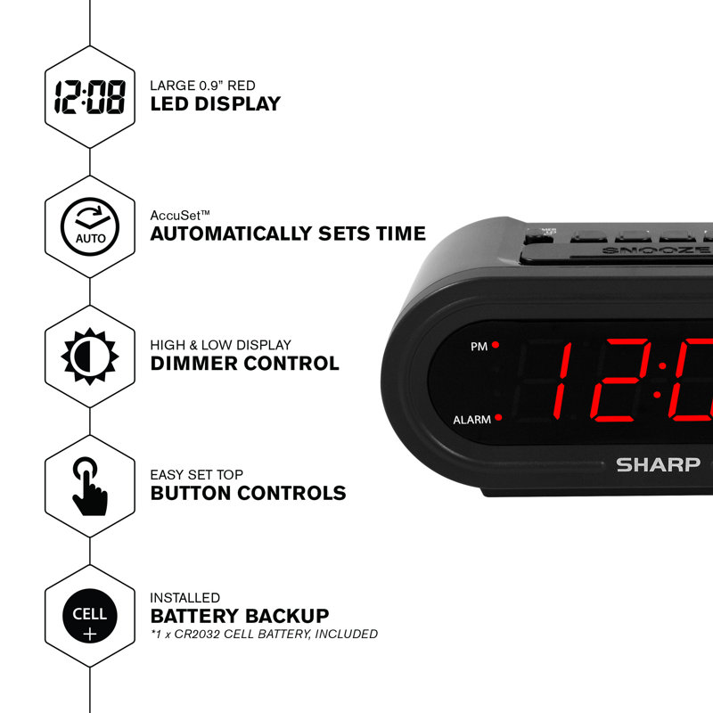 Sharp Digital Alarm Clock with Accuset, Automatic Smart Clock, Never Needs Setting, Red LED