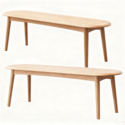 2pcs Solid Oak Wood Bench - 47" Rounding Corner Design, Sturdy Dining Bench & Entryway Ottoman for Dining Room, Bedroom, Patio, Kitchen & Living Room, Natural Finish