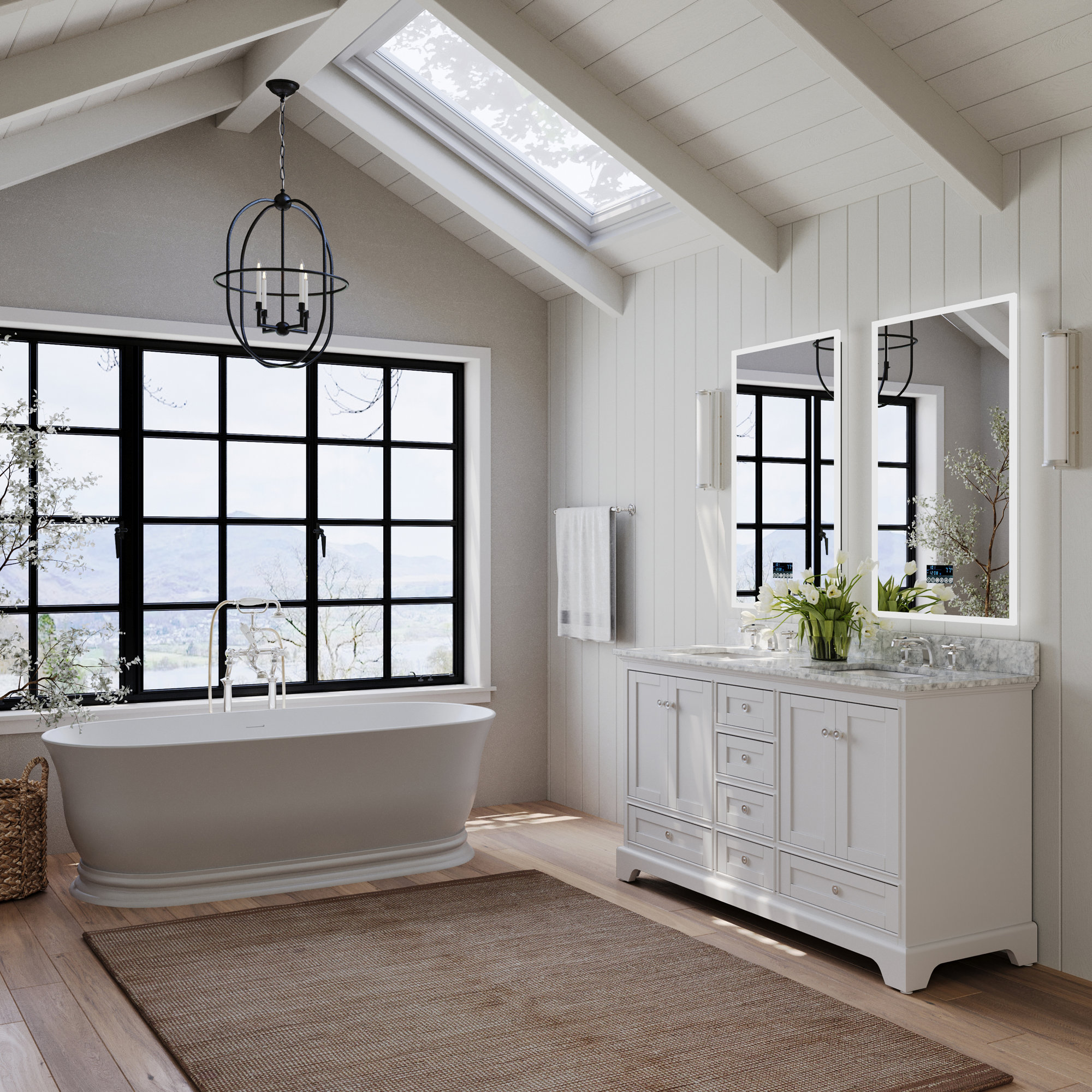 Varna 60'' Double Bathroom Vanity, Carrara White Marble, White/Brushed Nickel