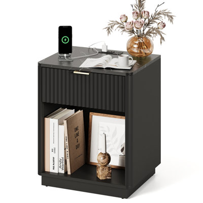 Valerica Fluted Nightstand with LED Light and Charging Station