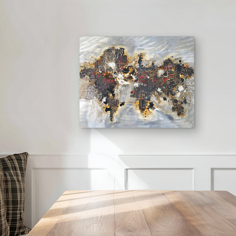 Texturized World Map with Typography - Modern Metal Print Decor