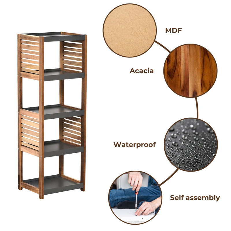 Gray Acacia Wood Adjustable Over-the-Toilet Storage Tower