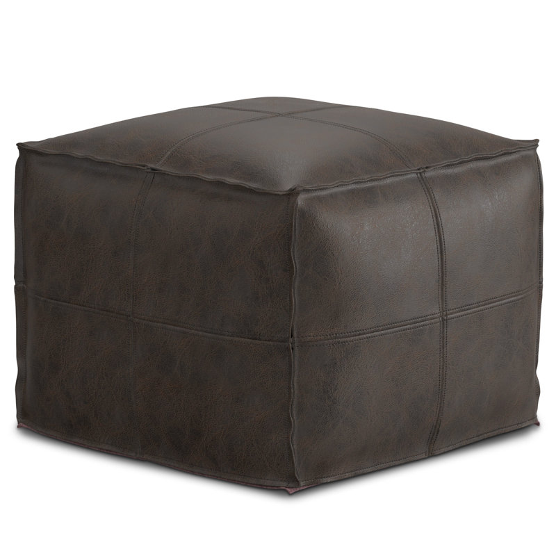 Sheffield 18"W Genuine Leather Boho Square Pouf in Distressed Dark Brown, Distressed Teal Blue